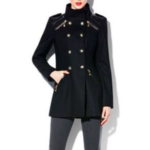 Vince Camuto Black Wool Military Style Pea Coat Gold Button XS